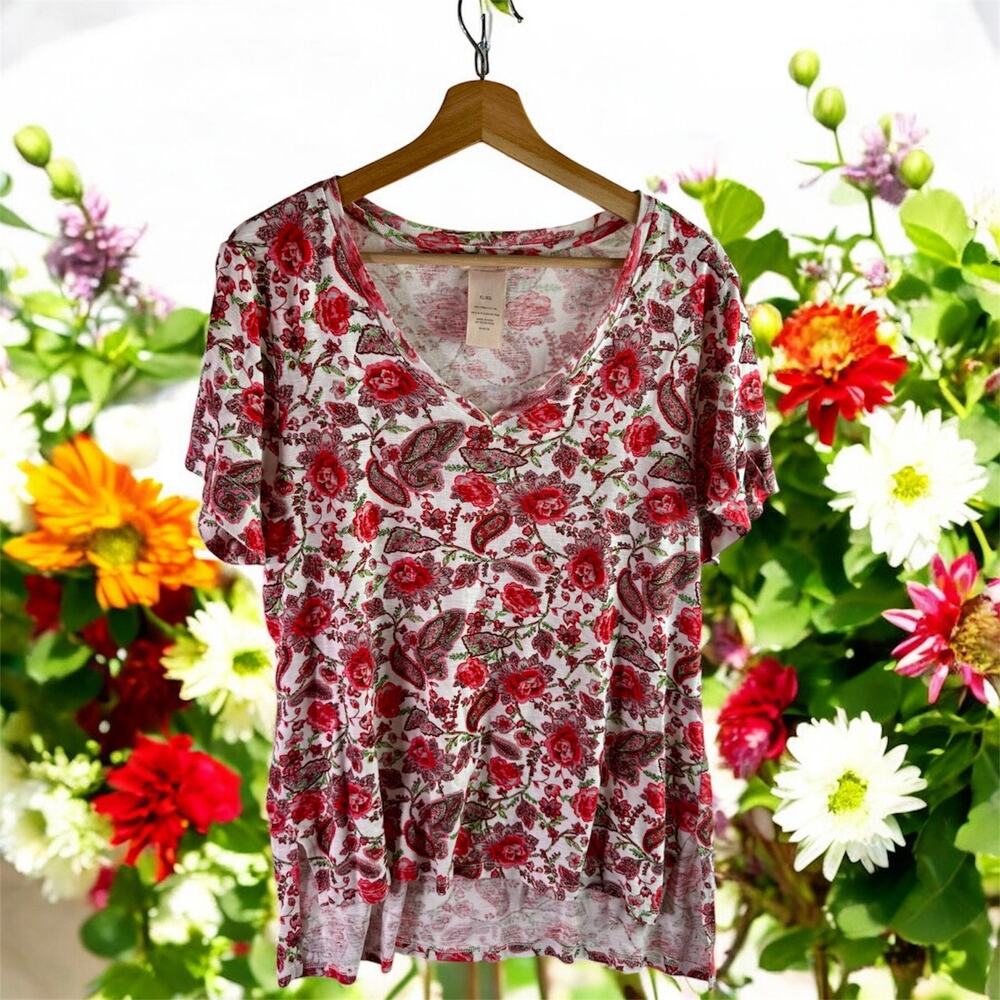Philosophy Women's XL White 100% Pima Cotton S/S Floral Paisley V Neck Shirt
